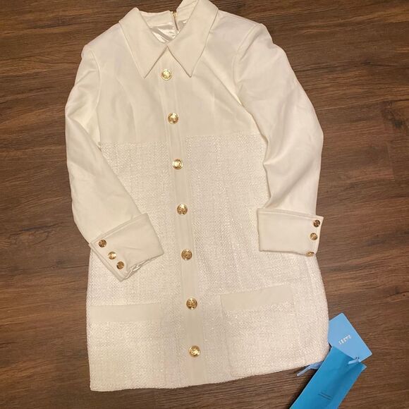 Gabby White Collard Tweed Long Sleeve Dress - Picture 2 of 10